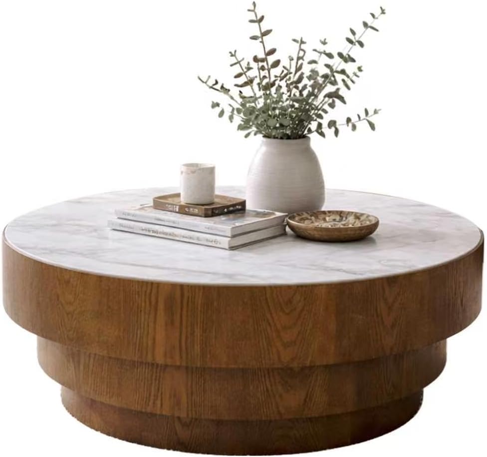 WILLIAMSPACE 31.5' Round Coffee Table with Sintered Stone Top & Wood Veneer Tiered Base, Modern Drum Marble Center Table for Living Room, Accent Tea Table for Apartment, 15.35' H (White+Wood)