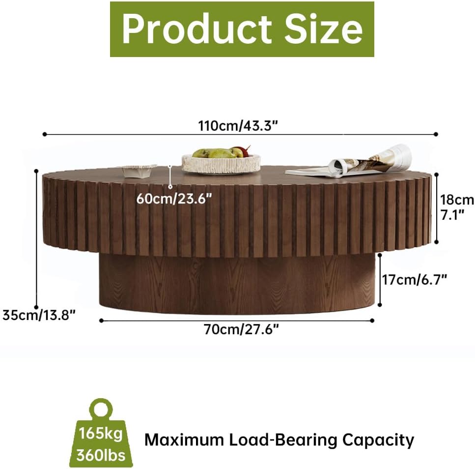 Oval Fluted Coffee Table Drum Coffee Tables for Living Room Modern Pedestal Center Table (Oval Brown 43.3in)