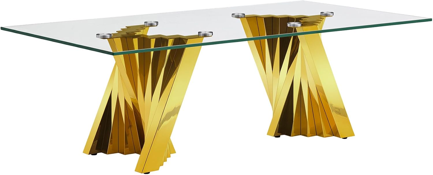 Henf Gold Glass Coffee Table with Mirrored Stainless Steel Base, 51' Rectangle Modern Living Room Cocktail Table for Home Office