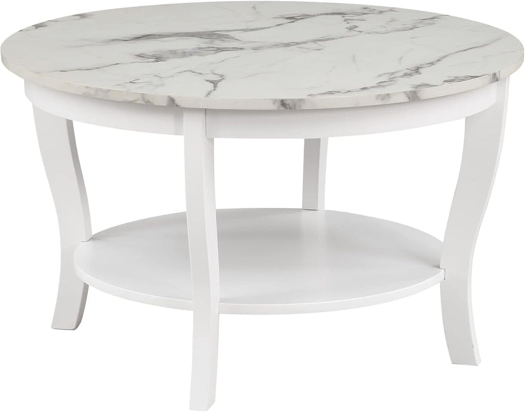 HomeStock Global Greatness Round Coffee Table with Shelf, Wood Finish, Classic Transitional Style Table, Two Tier Spacious Shelving, 30.00 x 30.00 x 18.00 Inch White Faux Marble