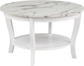 HomeStock Global Greatness Round Coffee Table with Shelf, Wood Finish, Classic Transitional Style Table, Two Tier Spacious Shelving, 30.00 x 30.00 x 18.00 Inch White Faux Marble