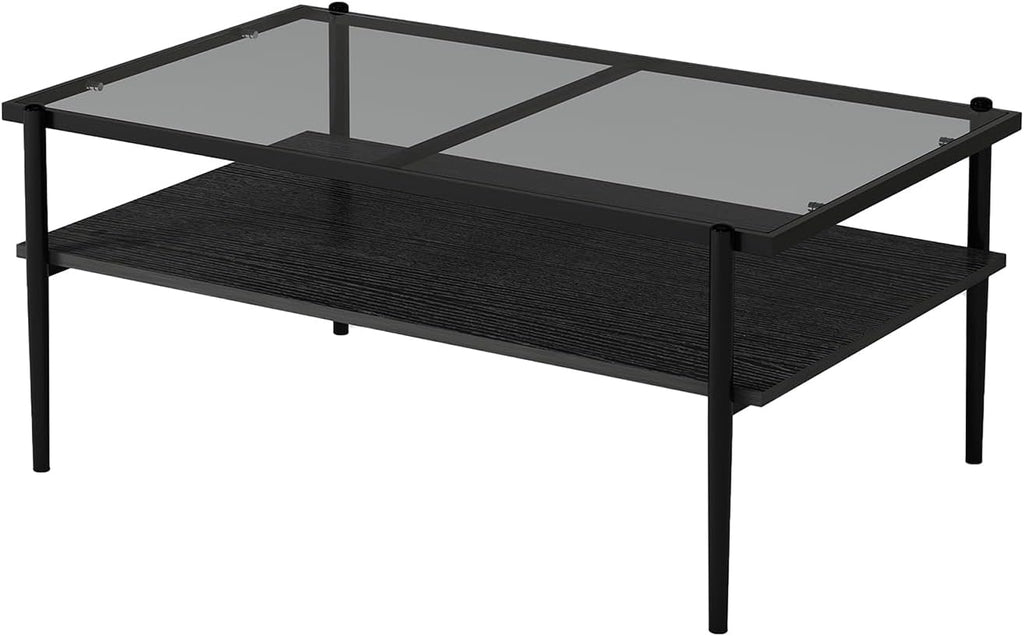 ODUSE-DAILY Coffee Table and End Table 3 Piece Living Room Set, Black Metal Frame Glass Top End Tables, Square Top Shelf, Sofa or Couch Side Tables, Mesa de Centro para Sala (3 Pcs)