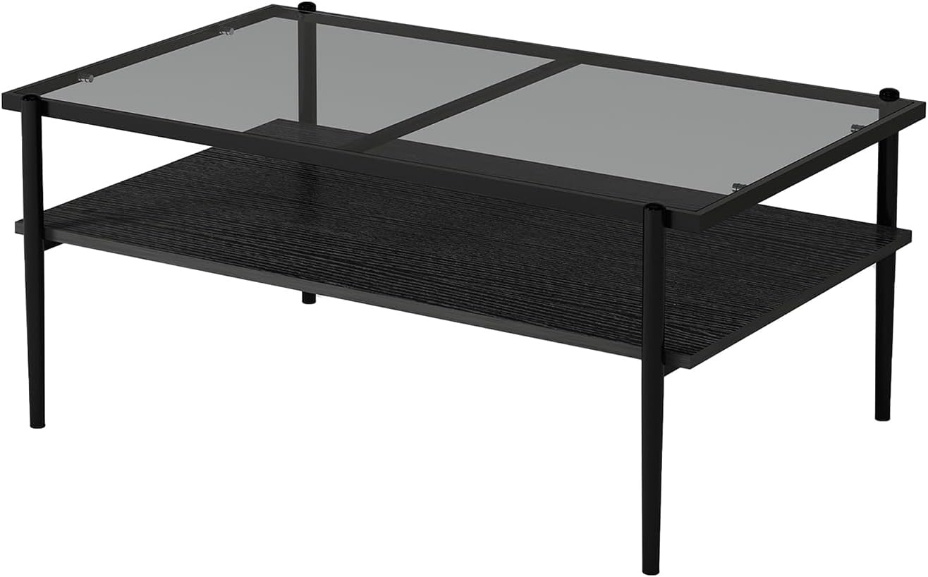 ODUSE-DAILY Coffee Table and End Table 3 Piece Living Room Set, Black Metal Frame Glass Top End Tables, Square Top Shelf, Sofa or Couch Side Tables, Mesa de Centro para Sala (3 Pcs)