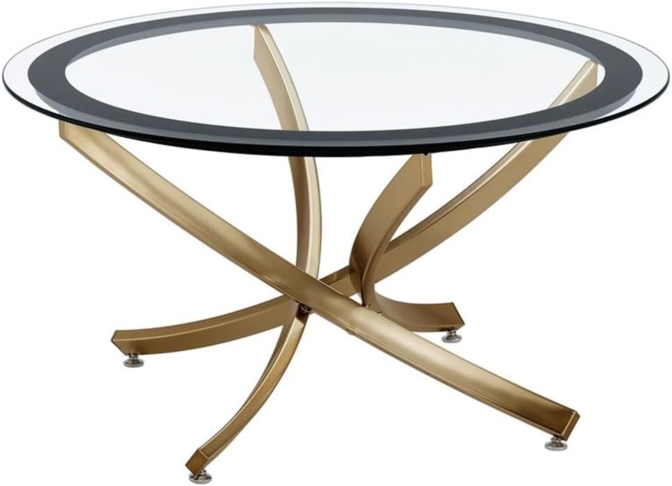 Pemberly Row Contemporary Round Coffee Table, Tempered Glass Top, Metal Base, Rose Brass Electroplated Finish, 35.5 in Diameter, Black Frame, Elegant Living Room Centerpiece