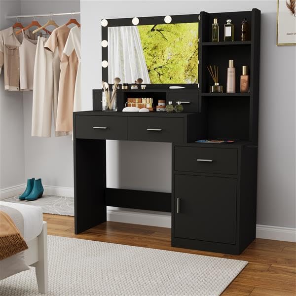 Vanity Desk with Mirror and Lights - Black Table, 5 Drawers Display Cabinet, 3 Lighting Modes, Bedroom Makeup Nightstand Tabletop Shelf