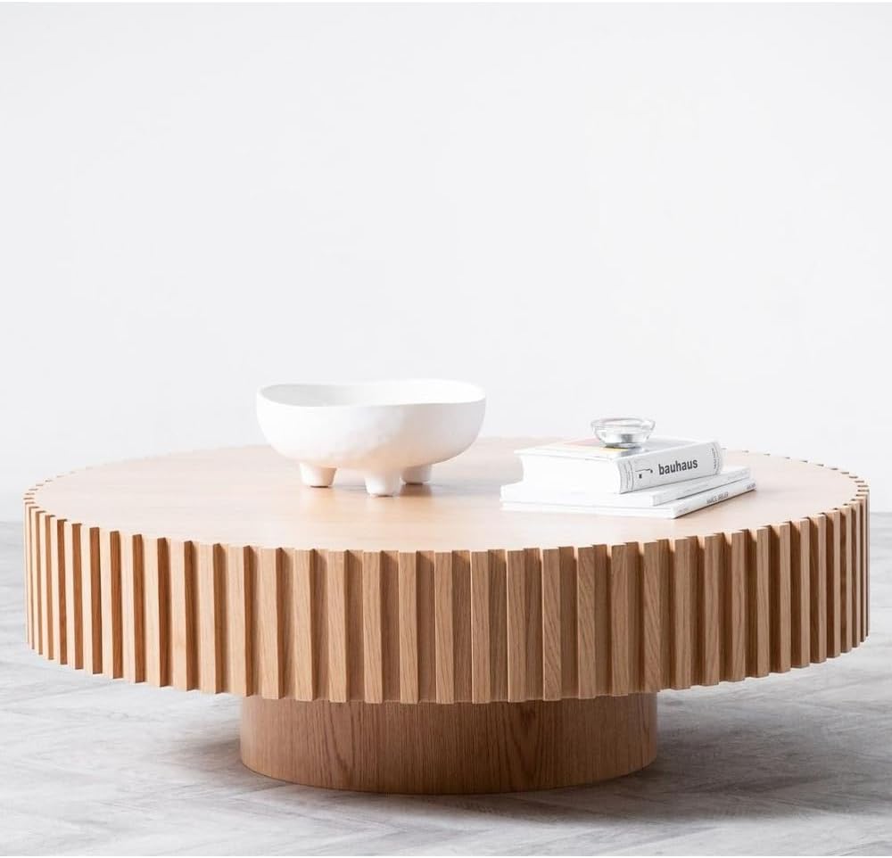WILLIAMSPACE 39.4' Round Coffee Table, Modern Luxury Wood Circle Drum Center Table for Living Room, Accent Side Table End Table for Apartment, ø39.4'' x 13.4''H (Oak)