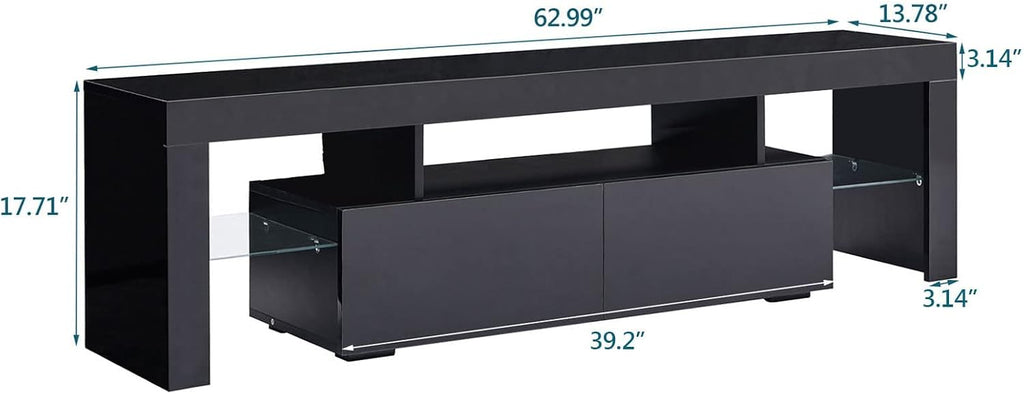 Black LED TV Stand for 50/60/70 Inch TVs with Color Change LED Lighting, Universal Entertainment Center for Video Gaming, Movies, and Home Decor, Clear Glass Shelving (Black3)