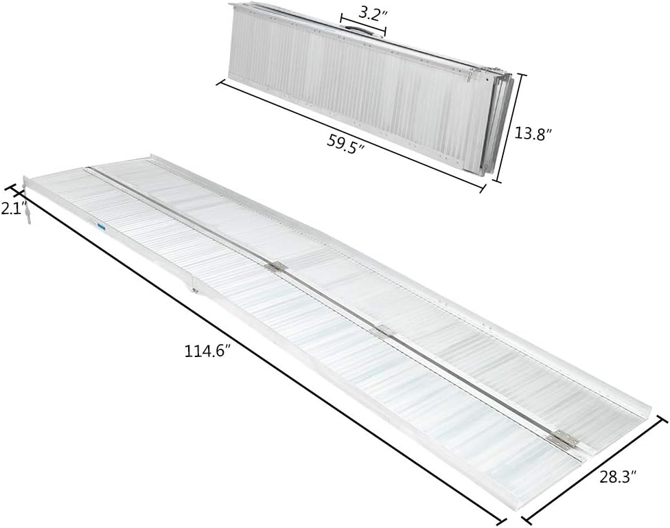 10FT Wheelchair Ramp w/Carrying Handle & Adjustable Supporting Legs, Non-Skid Foldable 10' Mobility Ramp, 600LBS Weight Capacity for Home Steps Stairs Doorways Door Threshold