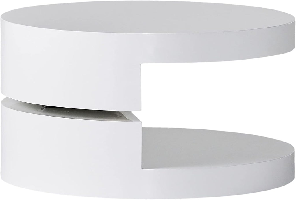 Modern Round White Coffee Table, 2-Tier Rotatable, Small, Easy Assembly, Contemporary Side Table, End Table for Living Room, 23.6'' x 13''