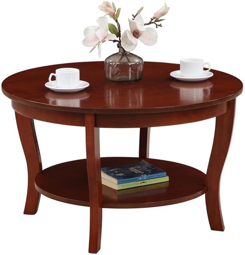 Pemberly Row Round Coffee Table with Shelf, Mahogany Wood Finish, 30 in Diameter, Rubberwood and Veneer Construction, Two Tiers, Classic Design for Living Room or Home