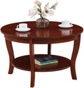 Pemberly Row Round Coffee Table with Shelf, Mahogany Wood Finish, 30 in Diameter, Rubberwood and Veneer Construction, Two Tiers, Classic Design for Living Room or Home