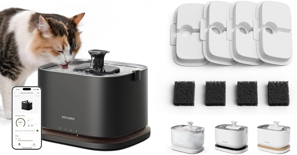 Bundle of PETLIBRO Cat Water Fountain Stainless Steel Tray, Cordless Cat Fountain Battery Operated, 3L/101oz Pet Water Fountain App Monitoring + PETLIBRO 4 Packs Replacement Filters