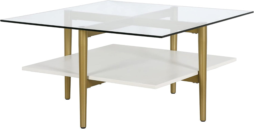 Otto 32' Wide Square Coffee Table with White Lacquer Shelf in Brass