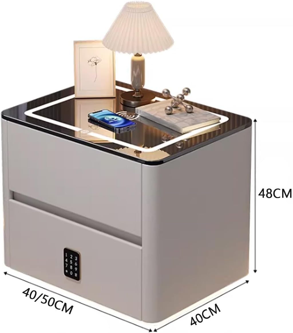 Smart Nightstand, End Tables Bedroom with Wireless Charging & Combination Lock, Touch-Sensitive Tri-Color Lighting, Tempered Glass Tabletop