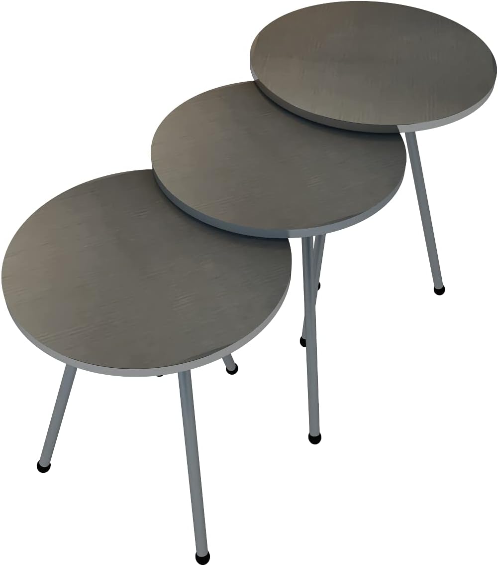 Set of 3 Nesting END Tables - Round Stacking Coffee Side Tables for Small Spaces, Nightstand Bedside Table for Living Room, Bedroom, Living Room, Balcony, Office, NO-Tools Assembly (Silver)