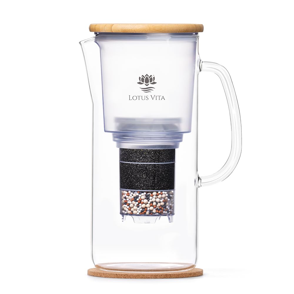 Lotus Vita ENYA Glass Water Filter Pitcher (10-Cups Total) - Removes Impurities, Adds Minerals - BPA Free - Glass & Bamboo Design - Improves Water Quality, Taste, and Drinking Habits