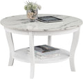 Pemberly Row Round Coffee Table with Shelf, 30 in Diameter, White Wood and Faux Marble, Two-Tier Design, Solid Rubberwood Legs, Modern Accent Table for Living Room or Lounge