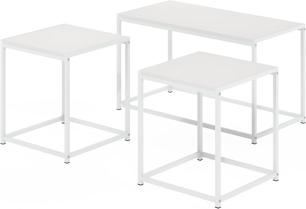 Furinno CAMNUS Living Room Tables Set of 3, Metal Frame 1 Coffee Table + 2 Side Tables, Side Tables Set, White