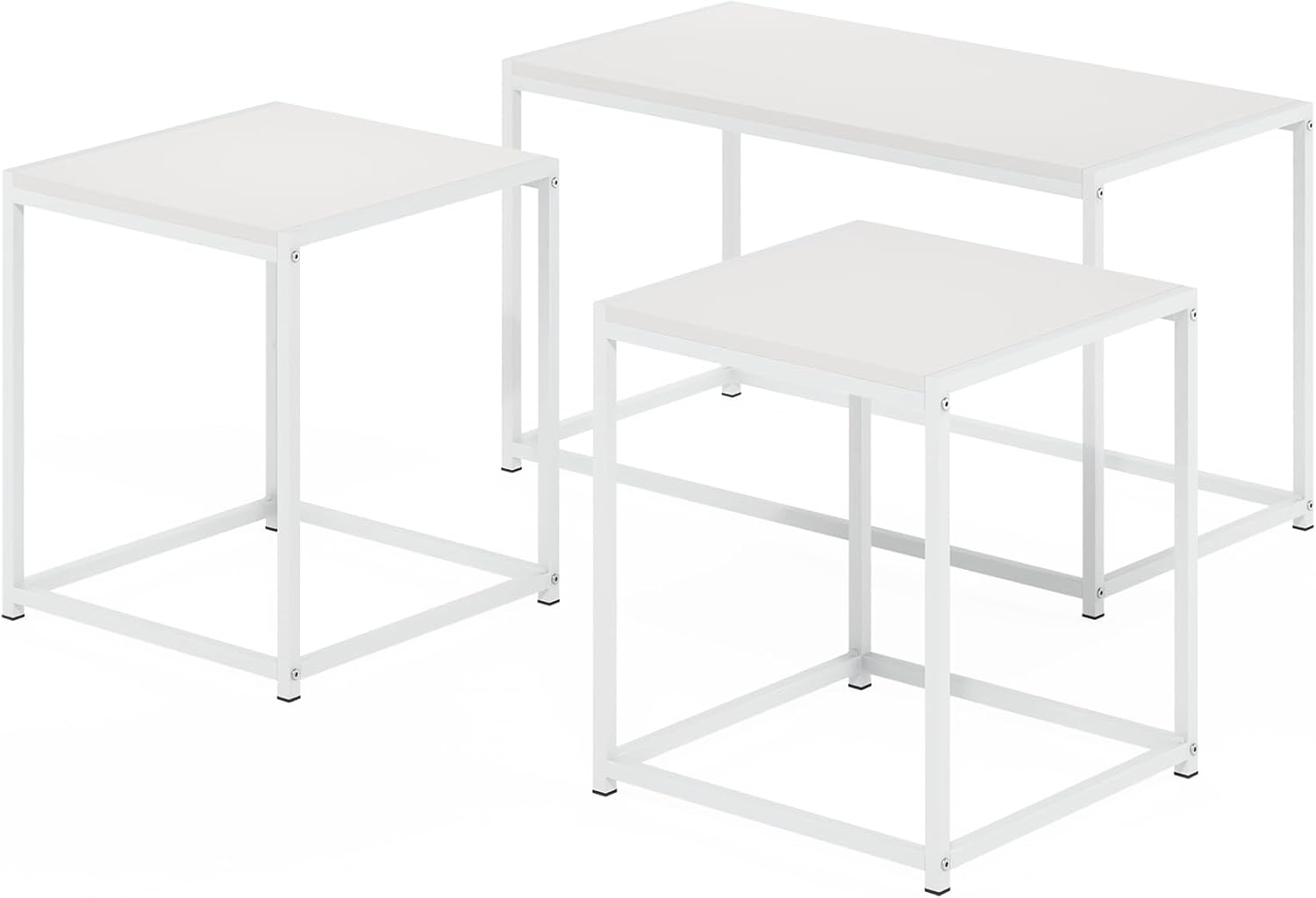 Furinno CAMNUS Living Room Tables Set of 3, Metal Frame 1 Coffee Table + 2 Side Tables, Side Tables Set, White