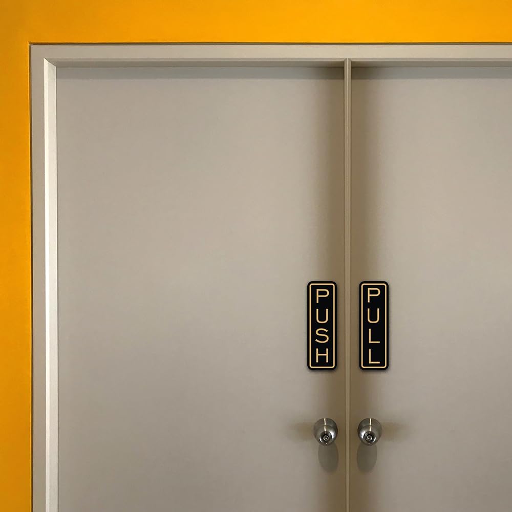 All Quality Classic Vertical Push Pull Door Signs - Great for Glass Doors | Professional Looking Signs | Easy Installation Includes Double-Sided Foam Adhesive Tape (Black/Gold) - Medium (10 Pack)