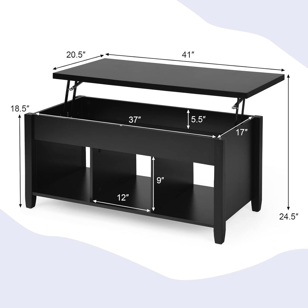 COSTWAY Lift Top Coffee Table, with Hidden Storage Compartment & 3 Open Shelves, Rectangular Cocktail Tea Table with Solid Wood Legs for Living Room Reception Room (Black)