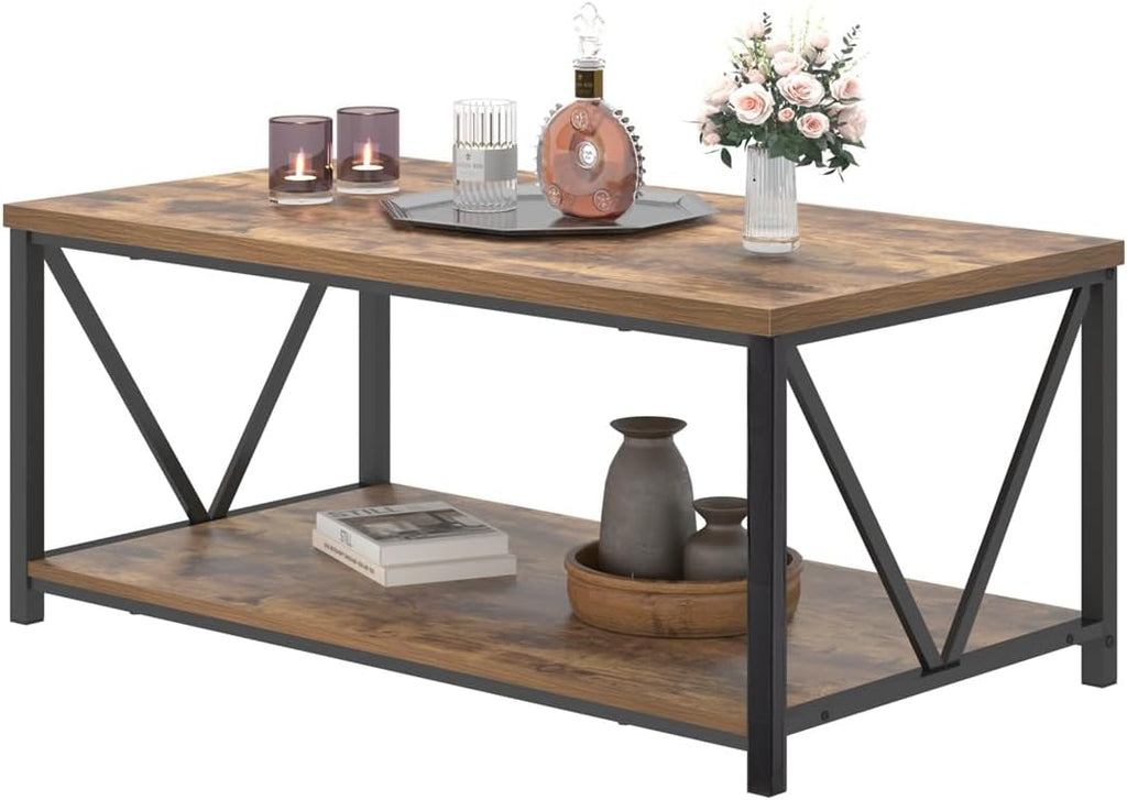 EXCEFUR Modern Coffee Table, Industrial Metal and Wood Living Room Table with Storage Shelf, Rustic Brown