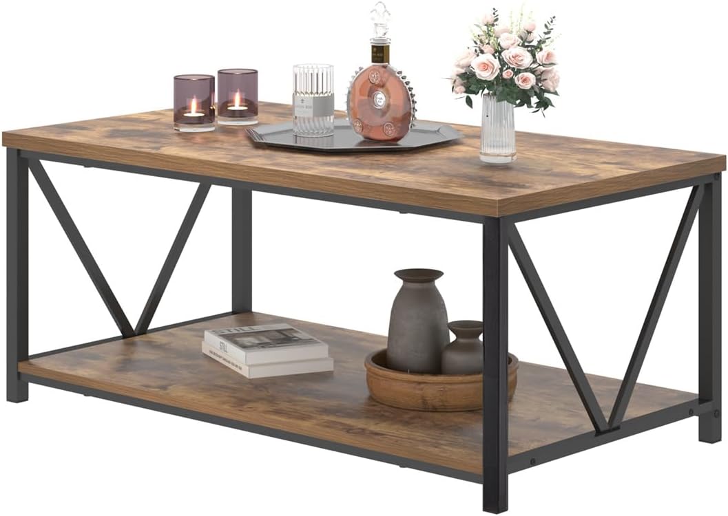 EXCEFUR Modern Coffee Table, Industrial Metal and Wood Living Room Table with Storage Shelf, Rustic Brown
