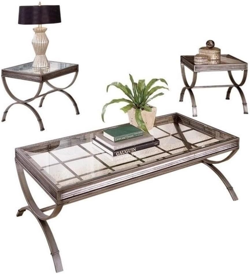 BOWERY HILL 3 Piece Coffee and End Table Set, Silver Finish, Metal Hourglass Bases with Tempered Glass Tops, Scratch and Rust Resistant, Contemporary Style Living Room Furniture