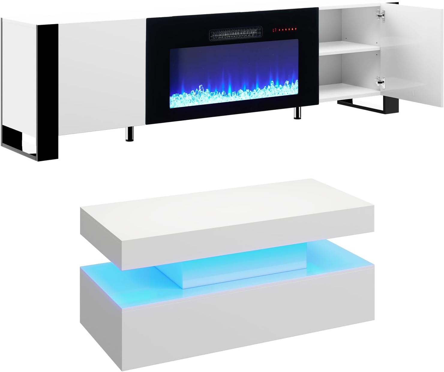 VanAcc 3-Piece Modern Living Room Table Sets, 70' Modern LED TV Stand with 36' Electric Fireplace, High Gloss Coffee Tables for Living Room, White & Black