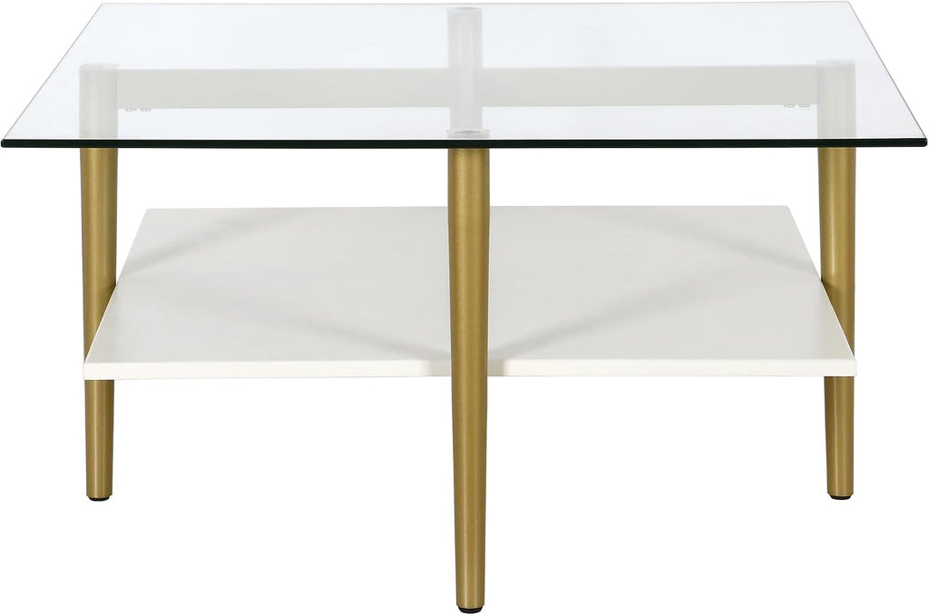 Otto 32' Wide Square Coffee Table with White Lacquer Shelf in Brass