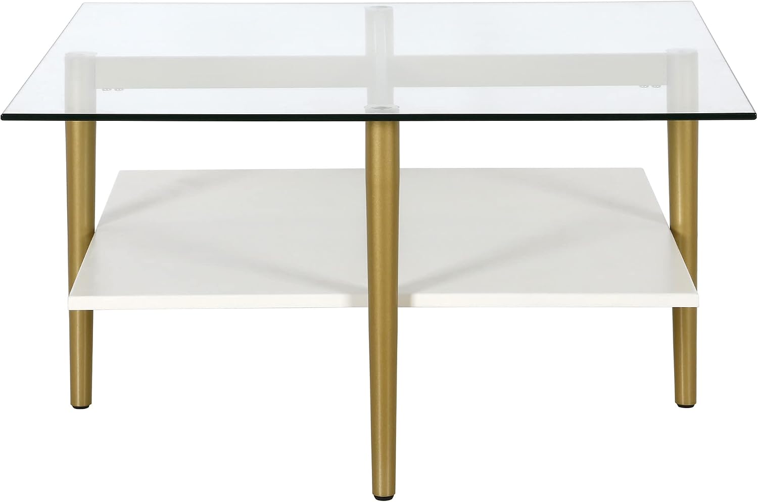 Otto 32' Wide Square Coffee Table with White Lacquer Shelf in Brass