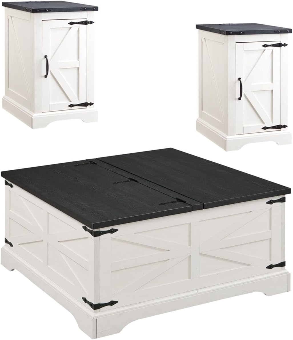 JXQTLINGMU 3-Piece Farmhouse Coffee Table and End Table Sets, Includeds 36' Lift Top Square Coffee Table w/Storage & 2 Rustic Wood End Tables w/Charging Station & Barn Doors for Living Room, White
