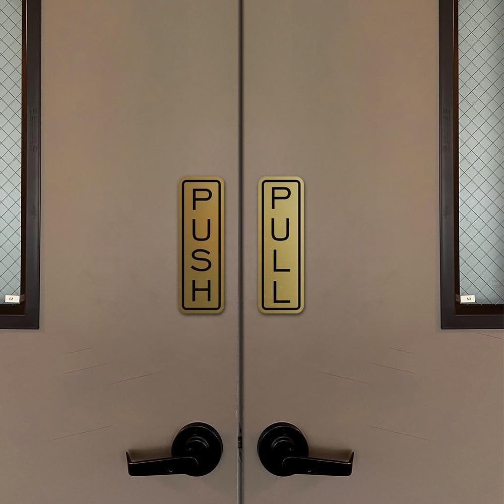 All Quality Classic Vertical Push Pull Door Signs - Great for Glass Doors | Professional Looking Signs | Easy Installation Includes Double-Sided Foam Adhesive Tape (Black/Gold) - Small (10 Pack)