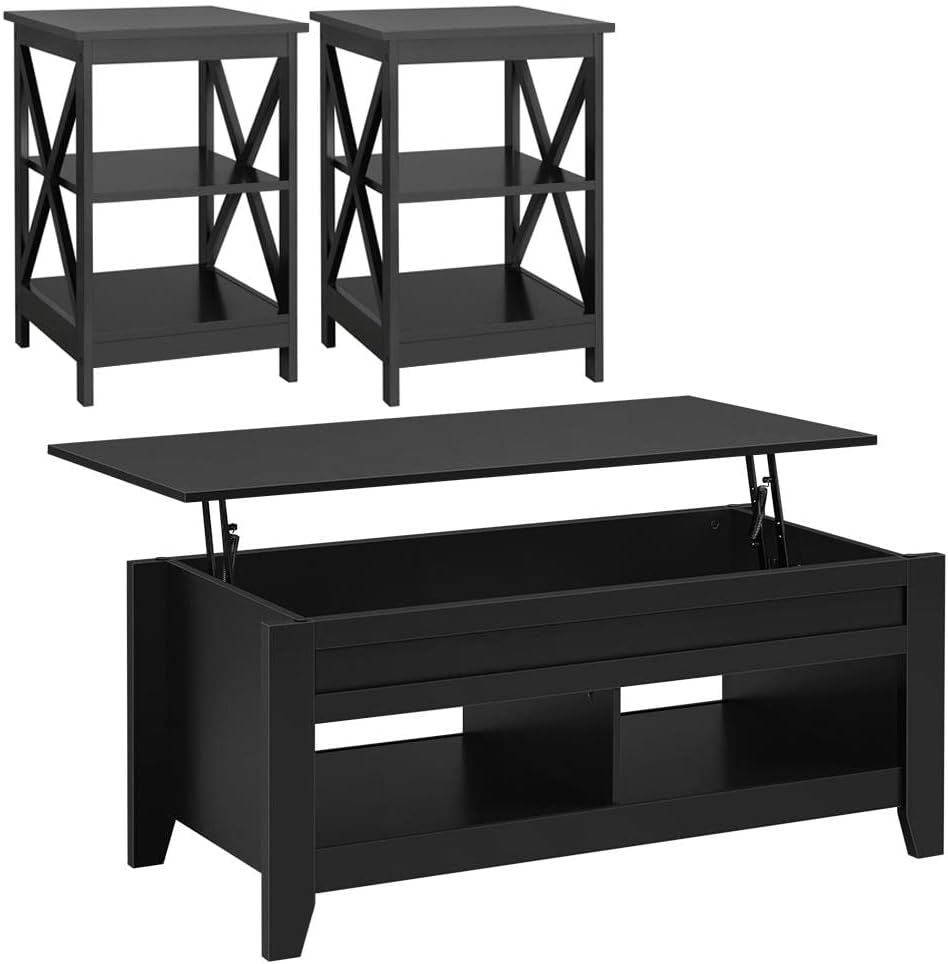 Yaheetech 47.5in Coffee Tables and 2PCS Side Tables Set, Lift Top Coffee Table with Storage and 3 Tier End Table with Storage Shelf for Living Room Black