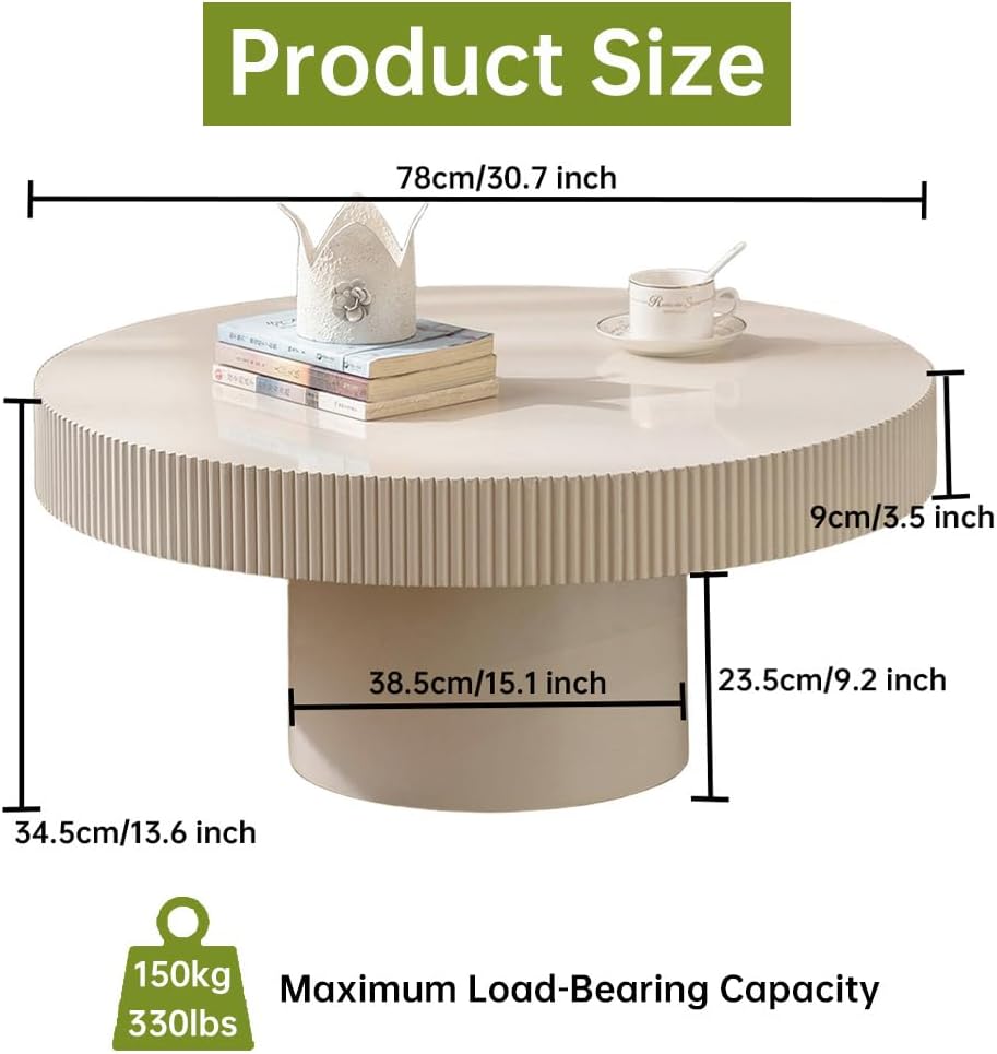 Round Fluted Coffee Table Round Drum Coffee Table for Living Room Modern Circular Pedestal Center Table (Circle Ivory White 30.7in)