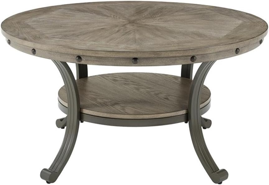 Pemberly Row Round Coffee Table, 36' Wood and Metal, Pewter and Champagne Finish, Inlay Patterned Top, Lower Shelf, Transitional Style Living Room Furniture