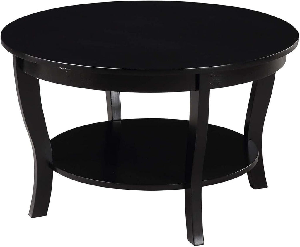 HomeStock Global Greatness Round Coffee Table with Shelf, Wood Finish, Classic Transitional Style Table, Two Tier Spacious Shelving, 30.00 x 30.00 x 18.00 Inch Black