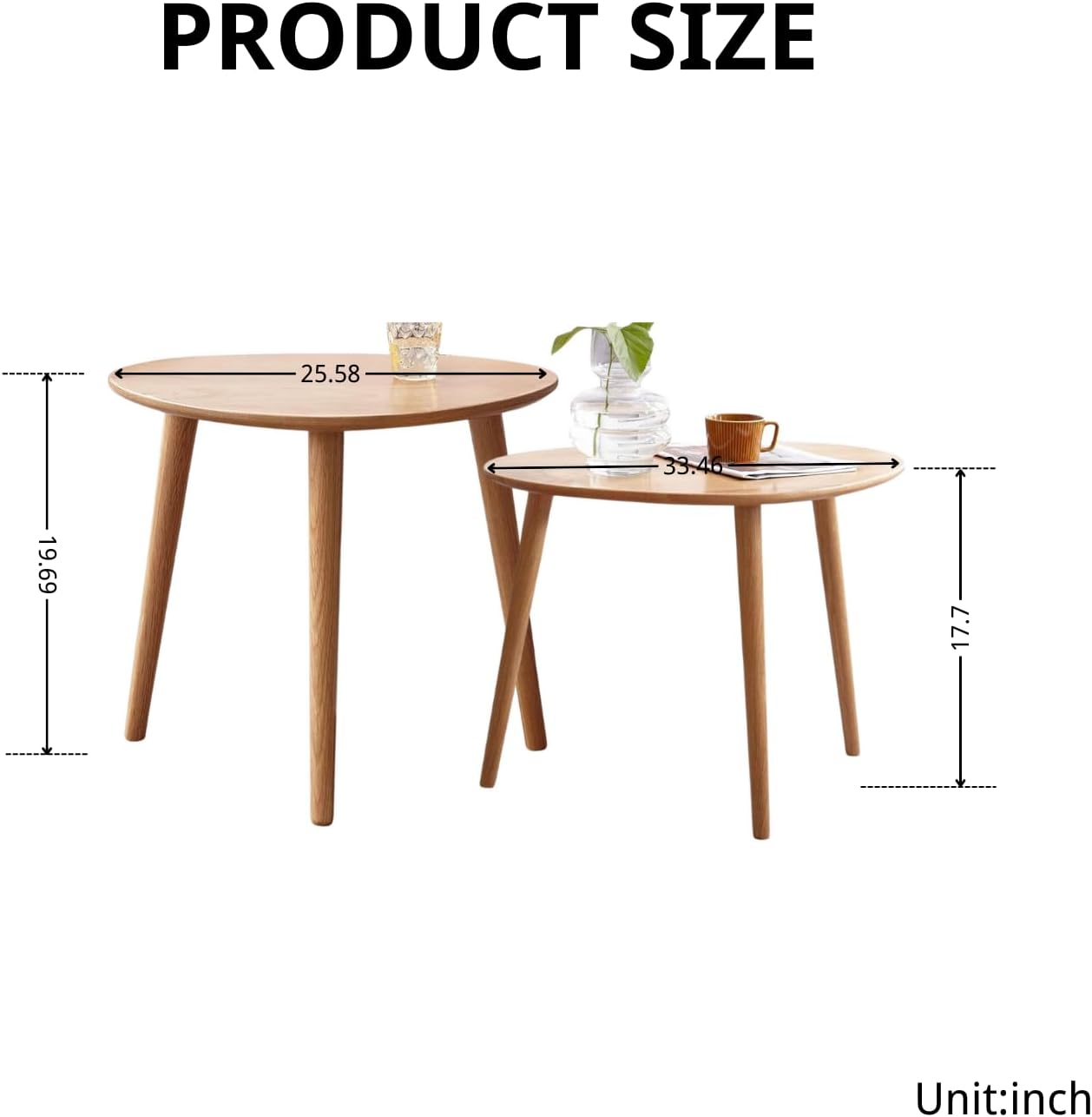 100% Solid Oak Wood Nesting Coffee Table, Small Oval Coffee Tables Set, Mid Century Modern Round Tables for Living Room, Pebble Side Table for Balcony (Nature, Combine)