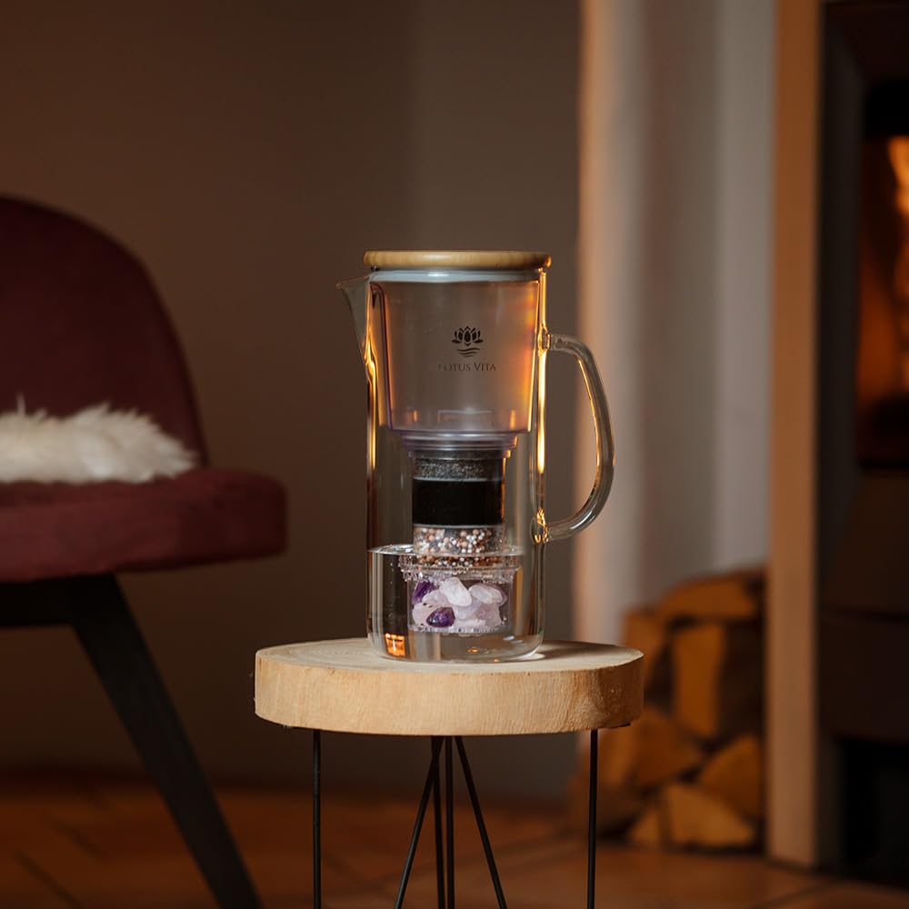 Lotus Vita ENYA Glass Water Filter Pitcher (10-Cups Total) - Removes Impurities, Adds Minerals - BPA Free - Glass & Bamboo Design - Improves Water Quality, Taste, and Drinking Habits