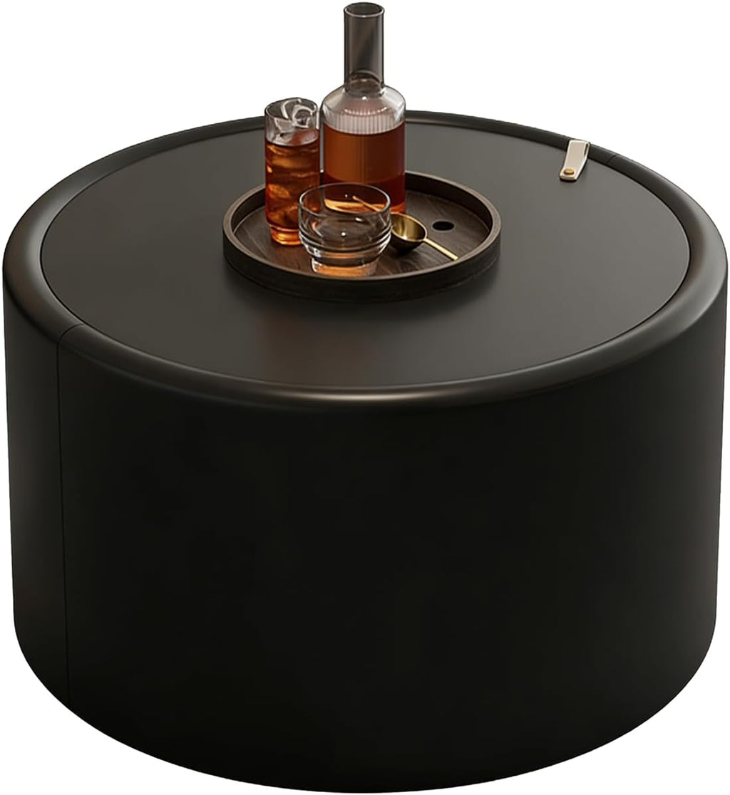 Black Round Coffee Table with Tempered Glass Top, PU Leather Accent Table with Hidden Storage, No Assembly Required Modern Coffee Tables for Living Room
