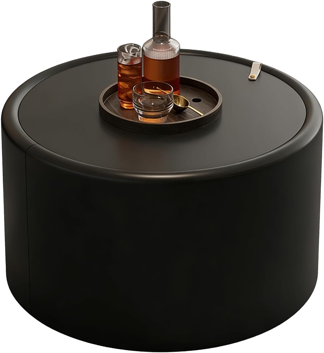 Black Round Coffee Table with Tempered Glass Top, PU Leather Accent Table with Hidden Storage, No Assembly Required Modern Coffee Tables for Living Room