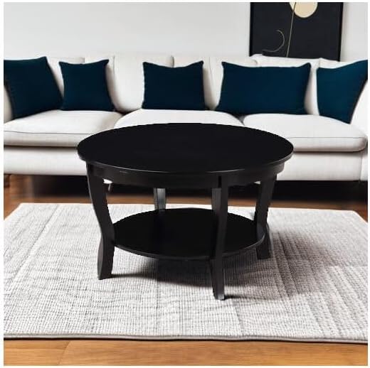 HomeStock Global Greatness Round Coffee Table with Shelf, Wood Finish, Classic Transitional Style Table, Two Tier Spacious Shelving, 30.00 x 30.00 x 18.00 Inch Black