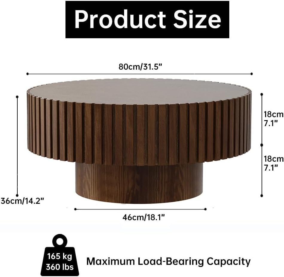 Round Fluted Coffee Table Round Drum Coffee Table for Living Room Modern Circular Pedestal Center Table (Circle Brown 31.5in)
