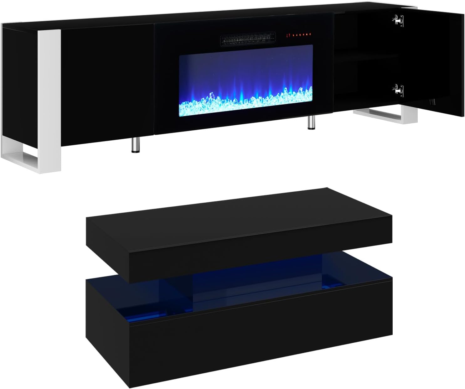 VanAcc 3-Piece Modern Living Room Table Sets, 70' Modern LED TV Stand with 36' Electric Fireplace, High Gloss Coffee Tables for Living Room, Black