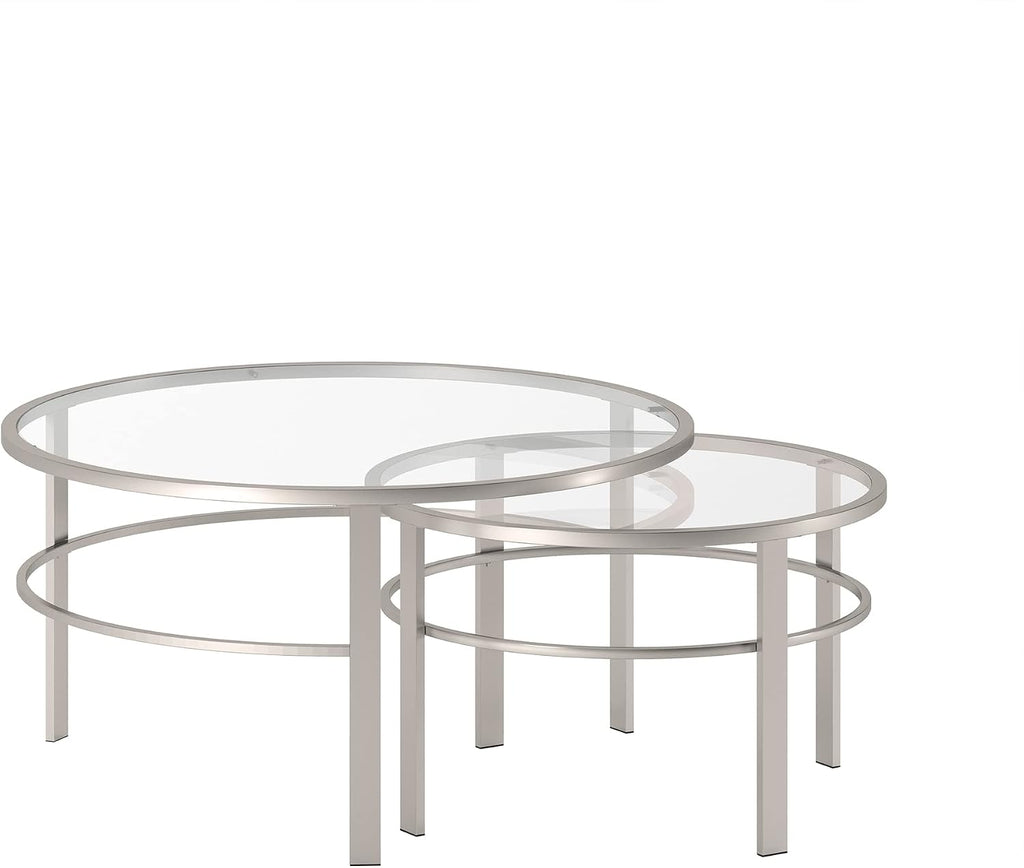 Henn&Hart Round Nested Coffee Table in Satin Nickel, Modern coffee tables for living room, studio apartment essentials, 36' Wide