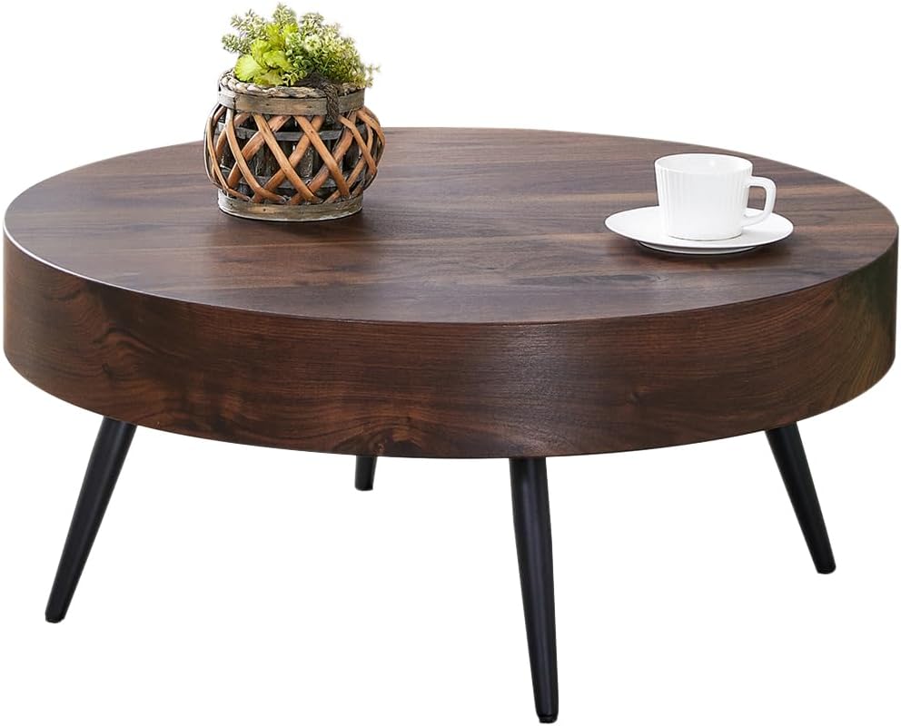 Round Coffee Table, Small Wood Coffee Table with Storage, Modern Mid Century Circle Tables Accent Center Tables for Living Room Apartment Small Space (31.5''D-Walnut)