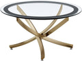 Pemberly Row Contemporary Round Coffee Table, Tempered Glass Top, Metal Base, Rose Brass Electroplated Finish, 35.5 in Diameter, Black Frame, Elegant Living Room Centerpiece