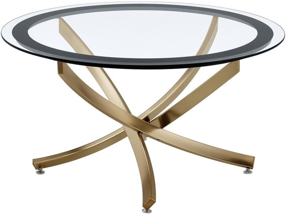 Pemberly Row Contemporary Round Coffee Table, Tempered Glass Top, Metal Base, Rose Brass Electroplated Finish, 35.5 in Diameter, Black Frame, Elegant Living Room Centerpiece