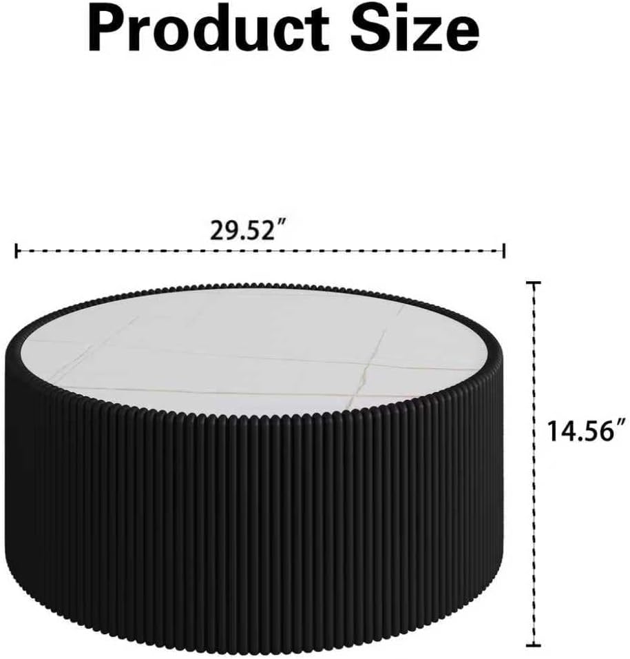 Modern Round Coffee Table Luxury Sintered Stone Top Coffee Table in Black Leatherette Creative Drum-Shape Cocktail Center Table for Living Room Bedroom,Fully Assembled