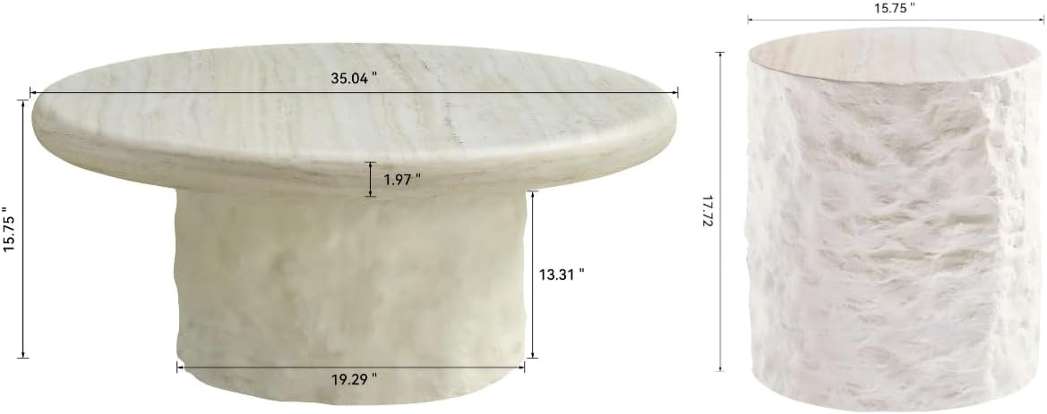 Set of 2 Round Coffee Tables for Living Room, 35.04' W x 14.96' H Faux Mars Circle Drum Pattern Modern Minimalist 15.75' W x17.72 Side Tables Accent End Table for Apartment, Office, Beige